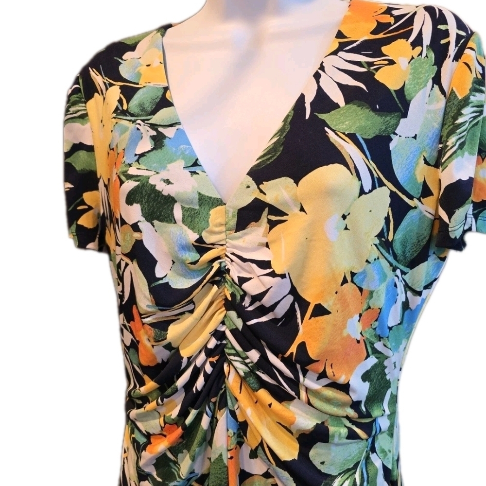 164 Maggy London Black Yellow Orange Floral Midi Dress - Picture 3 of 4